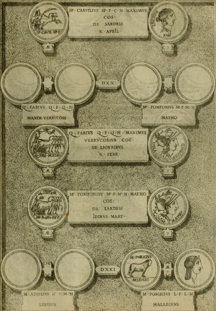 An illustration from Fastos magistratvvm et trivmphorvm Romanorvm ab vrbe condita ad Avgvsti obitvm, ex antiqvis tam nvmismatvm qvam marmorvm monvmentis restitvtos, 1566, leaf 128