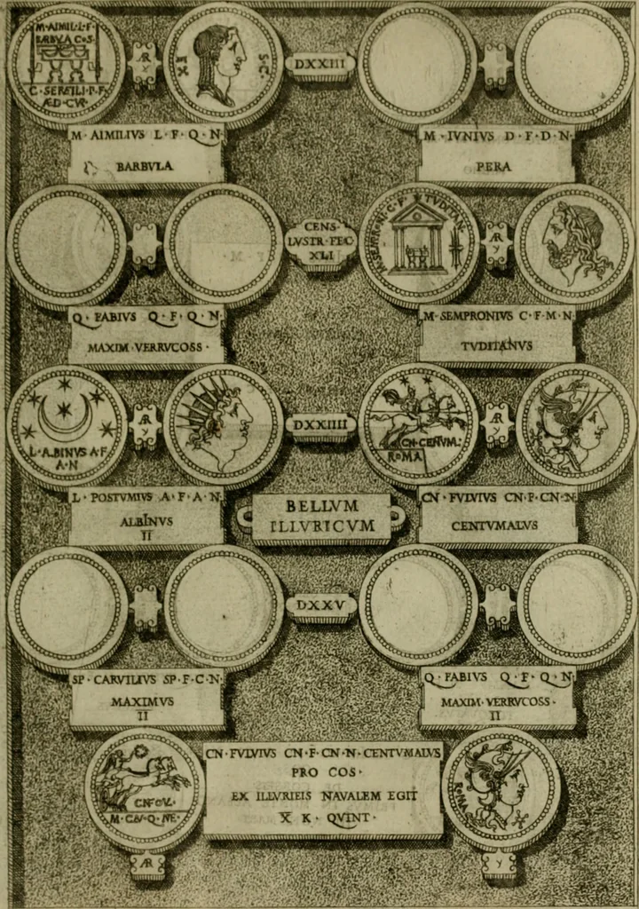 An illustration from Fastos magistratvvm et trivmphorvm Romanorvm ab vrbe condita ad Avgvsti obitvm, ex antiqvis tam nvmismatvm qvam marmorvm monvmentis restitvtos, 1566, leaf 130
