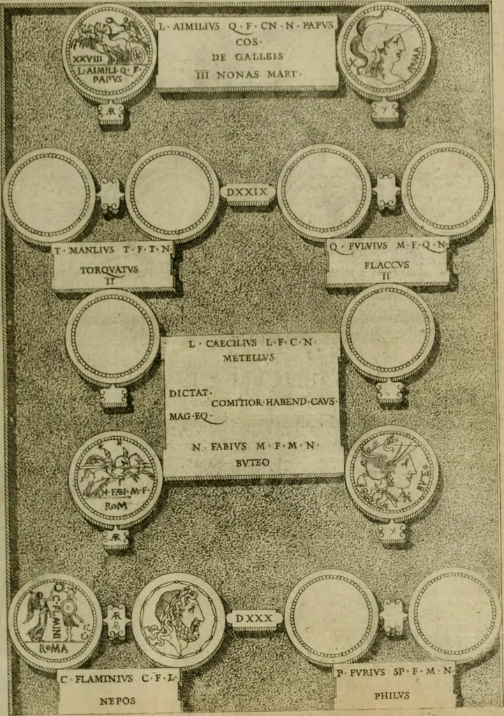 An illustration from Fastos magistratvvm et trivmphorvm Romanorvm ab vrbe condita ad Avgvsti obitvm, ex antiqvis tam nvmismatvm qvam marmorvm monvmentis restitvtos, 1566, leaf 132