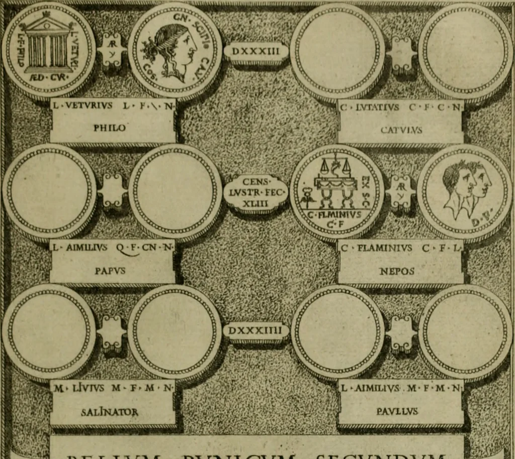 An illustration from Fastos magistratvvm et trivmphorvm Romanorvm ab vrbe condita ad Avgvsti obitvm, ex antiqvis tam nvmismatvm qvam marmorvm monvmentis restitvtos, 1566, leaf 134