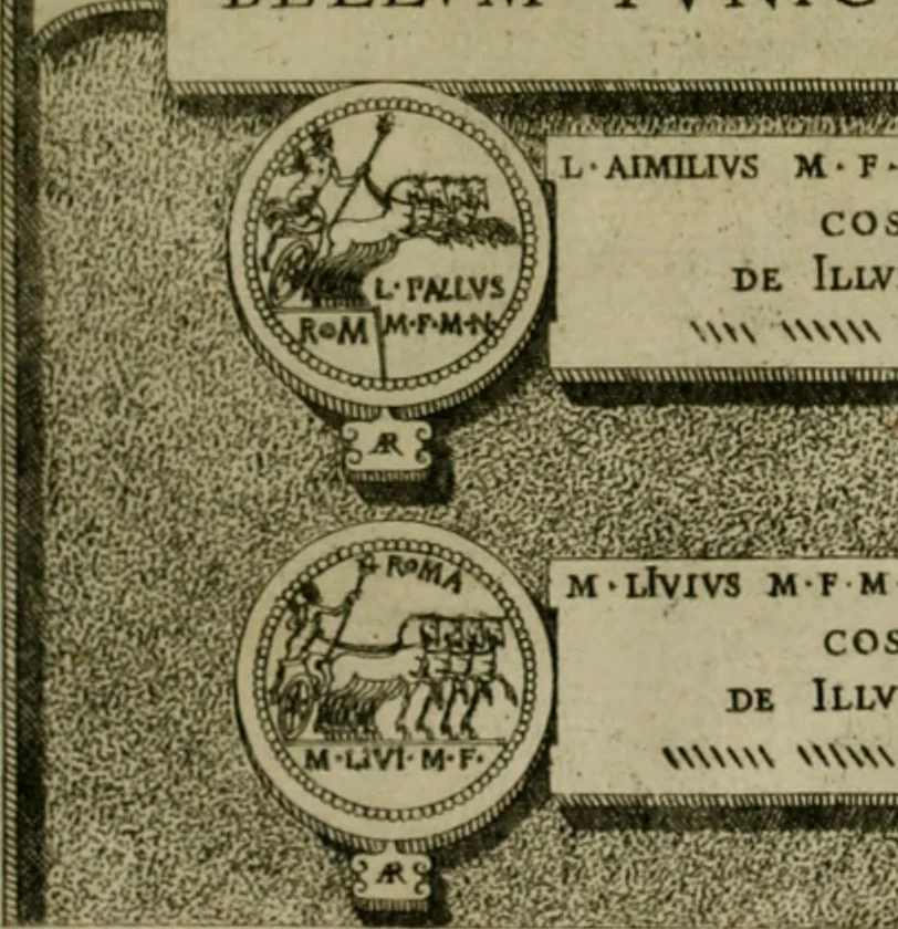 An illustration from Fastos magistratvvm et trivmphorvm Romanorvm ab vrbe condita ad Avgvsti obitvm, ex antiqvis tam nvmismatvm qvam marmorvm monvmentis restitvtos, 1566, leaf 134