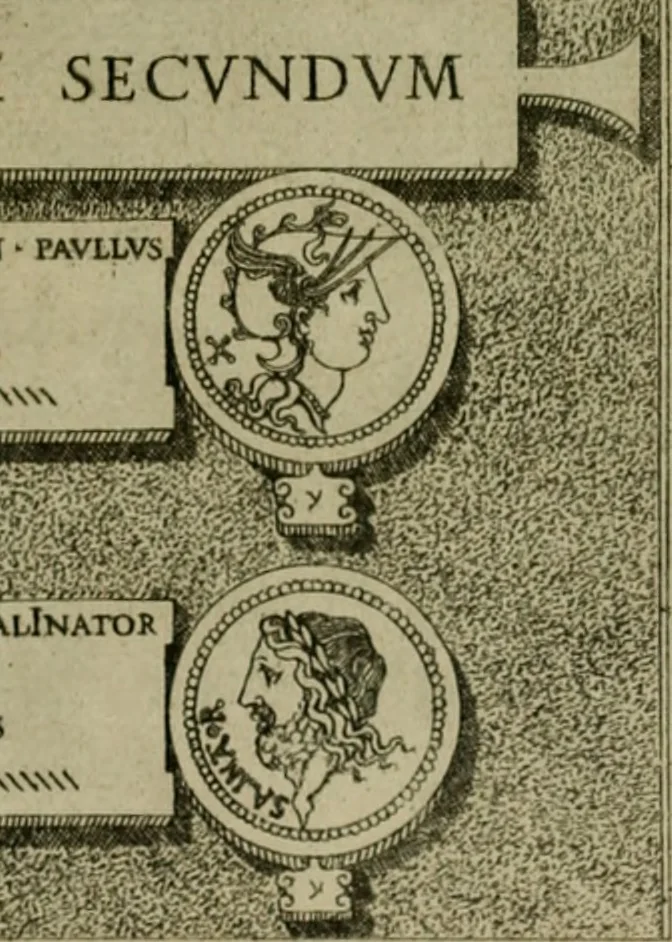 An illustration from Fastos magistratvvm et trivmphorvm Romanorvm ab vrbe condita ad Avgvsti obitvm, ex antiqvis tam nvmismatvm qvam marmorvm monvmentis restitvtos, 1566, leaf 134