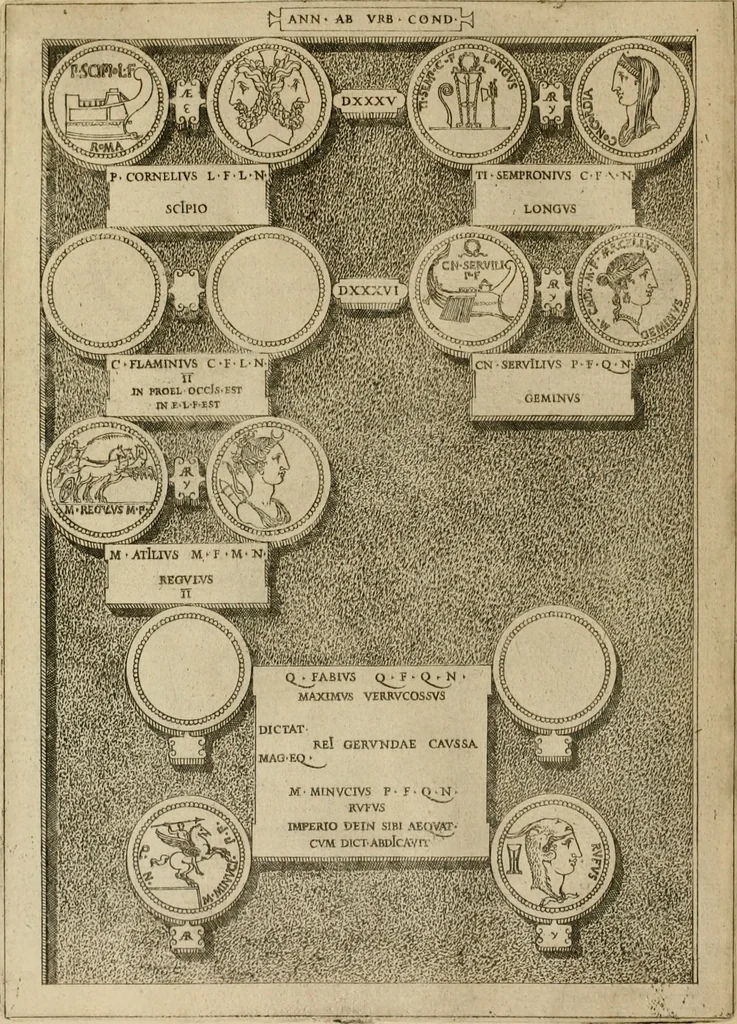 An illustration from Fastos magistratvvm et trivmphorvm Romanorvm ab vrbe condita ad Avgvsti obitvm, ex antiqvis tam nvmismatvm qvam marmorvm monvmentis restitvtos, 1566, leaf 135