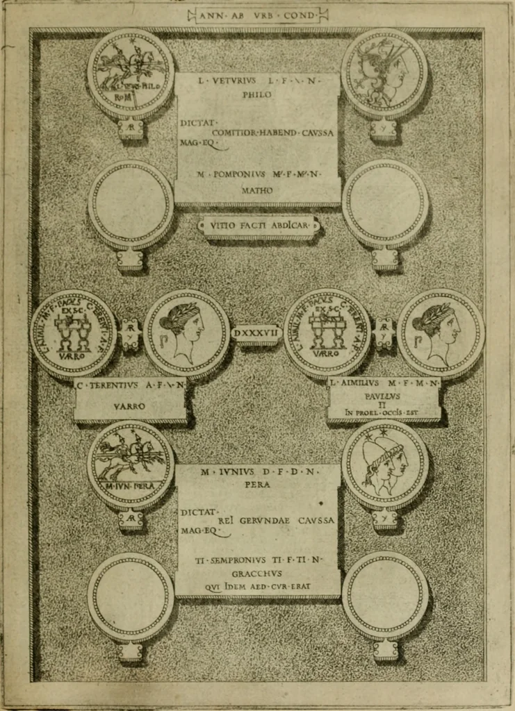 An illustration from Fastos magistratvvm et trivmphorvm Romanorvm ab vrbe condita ad Avgvsti obitvm, ex antiqvis tam nvmismatvm qvam marmorvm monvmentis restitvtos, 1566, leaf 136