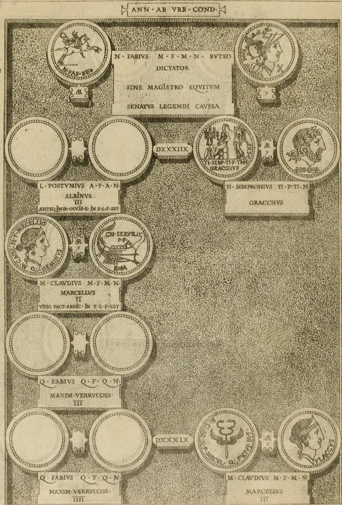 An illustration from Fastos magistratvvm et trivmphorvm Romanorvm ab vrbe condita ad Avgvsti obitvm, ex antiqvis tam nvmismatvm qvam marmorvm monvmentis restitvtos, 1566, leaf 137