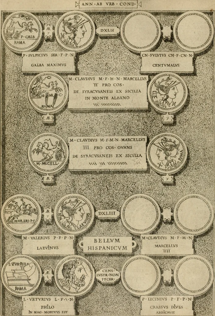 An illustration from Fastos magistratvvm et trivmphorvm Romanorvm ab vrbe condita ad Avgvsti obitvm, ex antiqvis tam nvmismatvm qvam marmorvm monvmentis restitvtos, 1566, leaf 139
