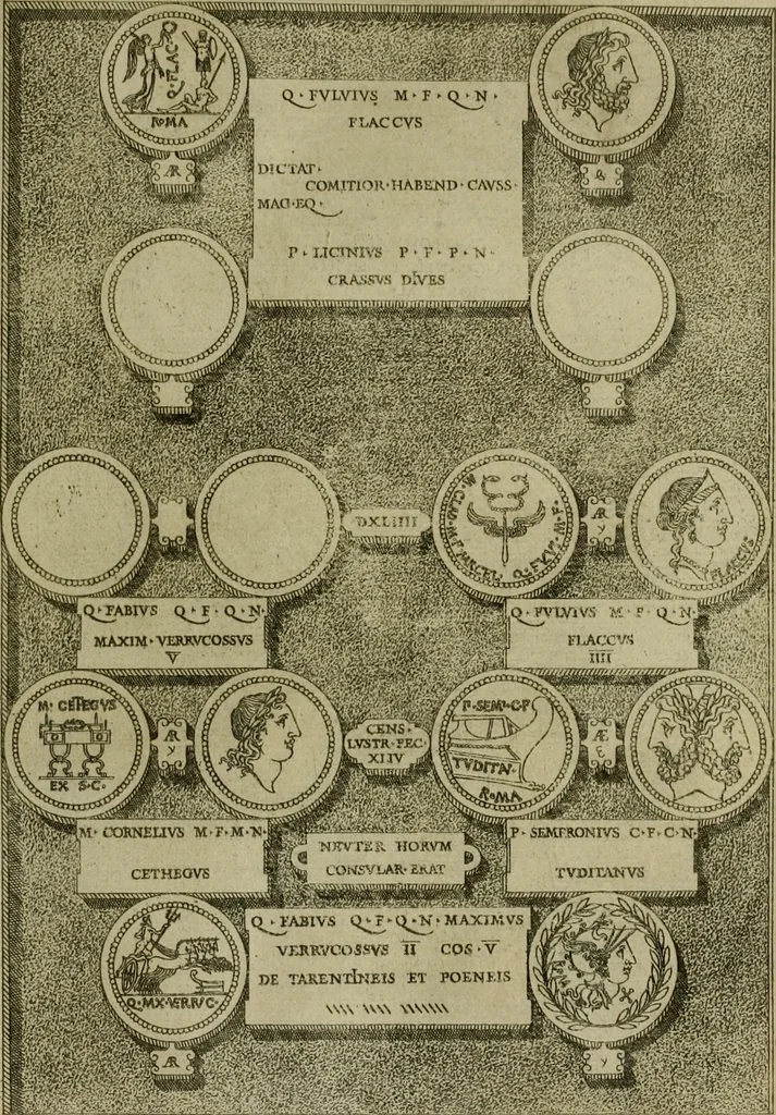 An illustration from Fastos magistratvvm et trivmphorvm Romanorvm ab vrbe condita ad Avgvsti obitvm, ex antiqvis tam nvmismatvm qvam marmorvm monvmentis restitvtos, 1566, leaf 140