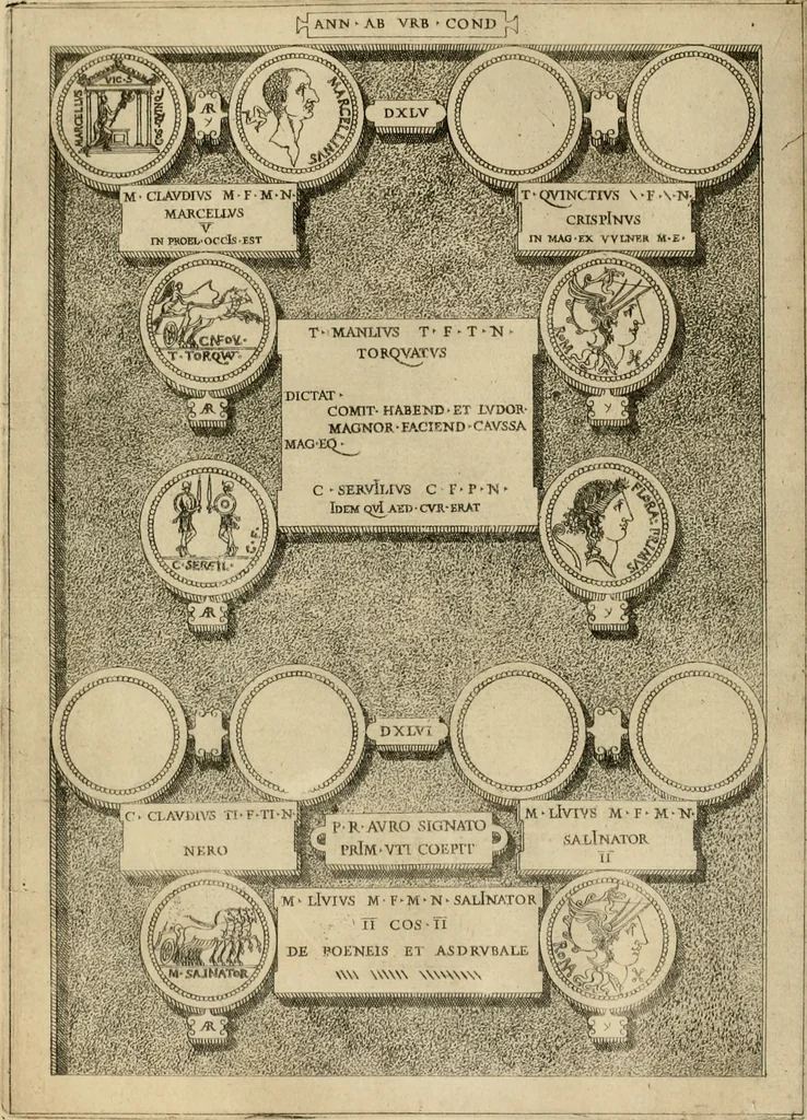 An illustration from Fastos magistratvvm et trivmphorvm Romanorvm ab vrbe condita ad Avgvsti obitvm, ex antiqvis tam nvmismatvm qvam marmorvm monvmentis restitvtos, 1566, leaf 141