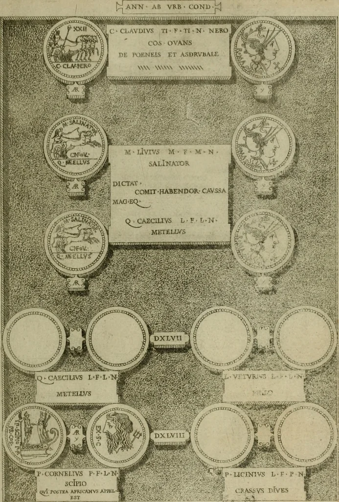 An illustration from Fastos magistratvvm et trivmphorvm Romanorvm ab vrbe condita ad Avgvsti obitvm, ex antiqvis tam nvmismatvm qvam marmorvm monvmentis restitvtos, 1566, leaf 142