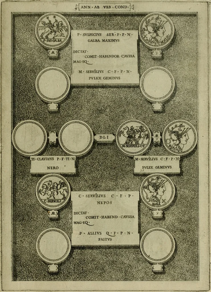 An illustration from Fastos magistratvvm et trivmphorvm Romanorvm ab vrbe condita ad Avgvsti obitvm, ex antiqvis tam nvmismatvm qvam marmorvm monvmentis restitvtos, 1566, leaf 144