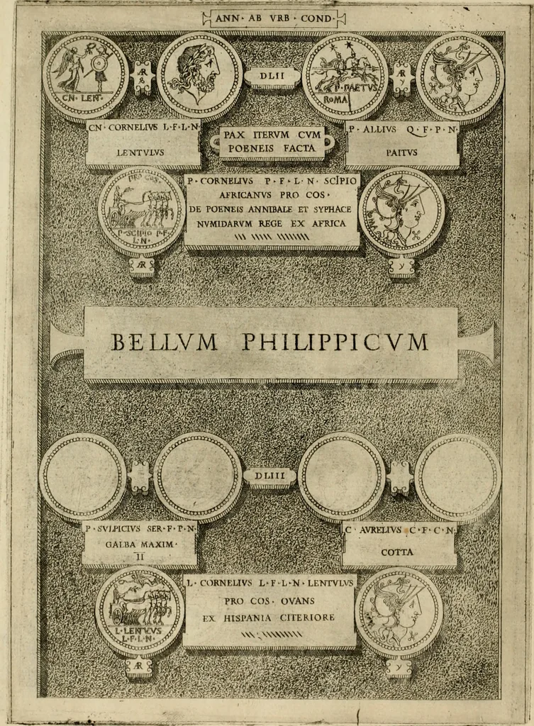 An illustration from Fastos magistratvvm et trivmphorvm Romanorvm ab vrbe condita ad Avgvsti obitvm, ex antiqvis tam nvmismatvm qvam marmorvm monvmentis restitvtos, 1566, leaf 145