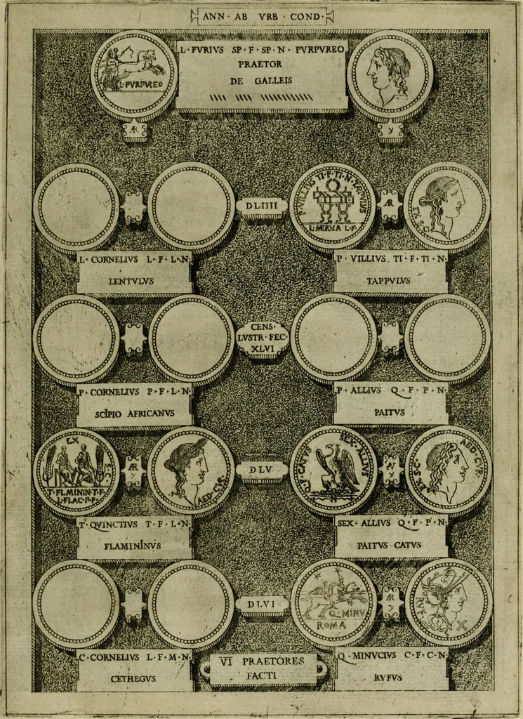An illustration from Fastos magistratvvm et trivmphorvm Romanorvm ab vrbe condita ad Avgvsti obitvm, ex antiqvis tam nvmismatvm qvam marmorvm monvmentis restitvtos, 1566, leaf 146