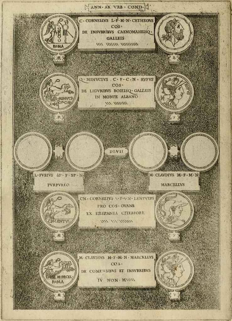 An illustration from Fastos magistratvvm et trivmphorvm Romanorvm ab vrbe condita ad Avgvsti obitvm, ex antiqvis tam nvmismatvm qvam marmorvm monvmentis restitvtos, 1566, leaf 147