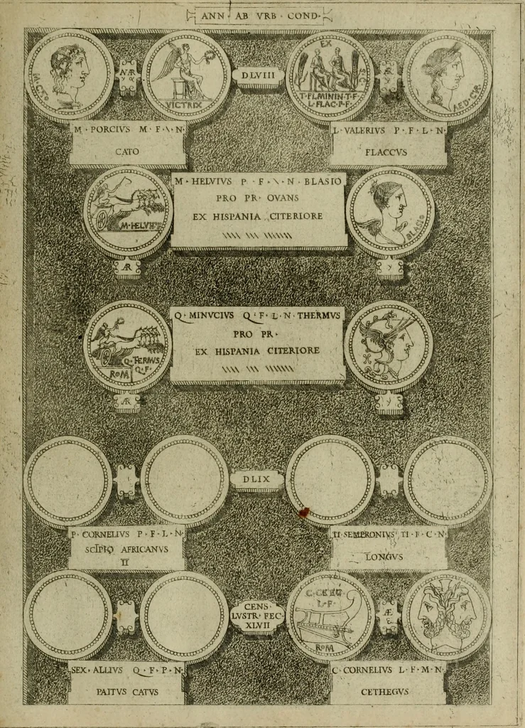 An illustration from Fastos magistratvvm et trivmphorvm Romanorvm ab vrbe condita ad Avgvsti obitvm, ex antiqvis tam nvmismatvm qvam marmorvm monvmentis restitvtos, 1566, leaf 148