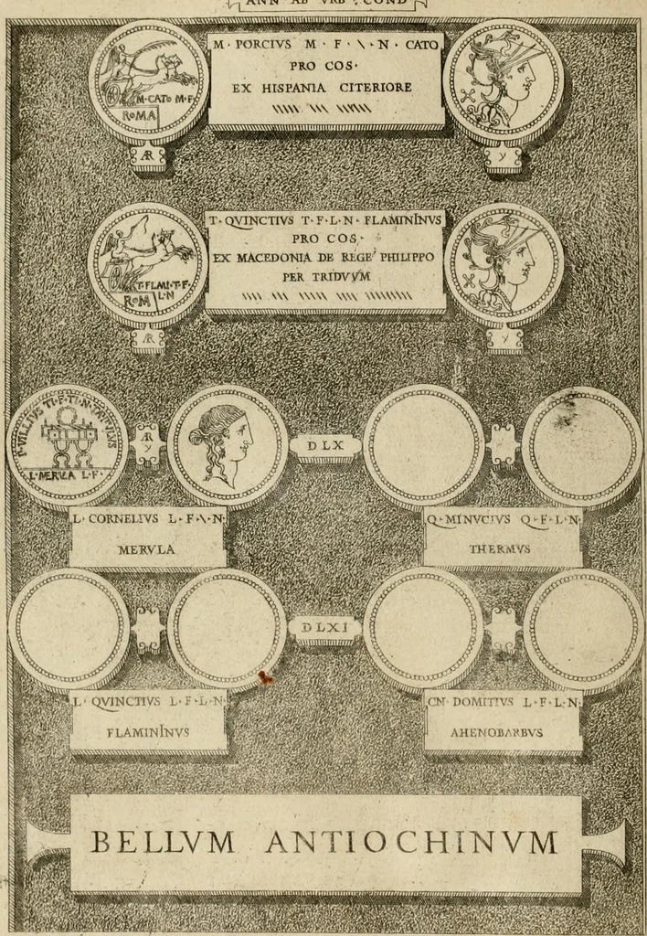 An illustration from Fastos magistratvvm et trivmphorvm Romanorvm ab vrbe condita ad Avgvsti obitvm, ex antiqvis tam nvmismatvm qvam marmorvm monvmentis restitvtos, 1566, leaf 149