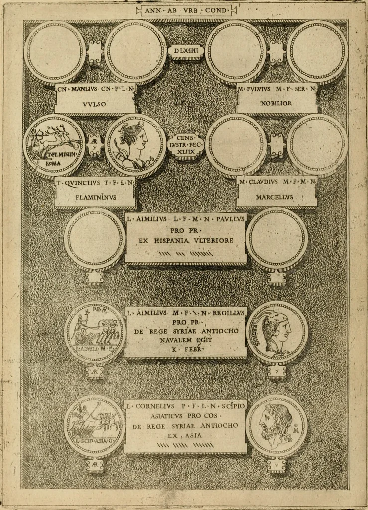 An illustration from Fastos magistratvvm et trivmphorvm Romanorvm ab vrbe condita ad Avgvsti obitvm, ex antiqvis tam nvmismatvm qvam marmorvm monvmentis restitvtos, 1566, leaf 151
