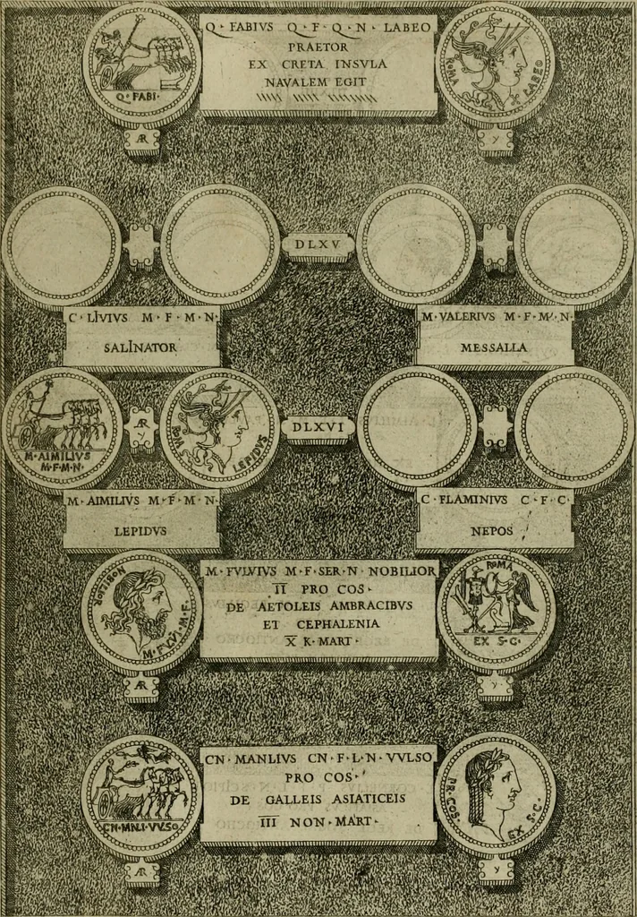 An illustration from Fastos magistratvvm et trivmphorvm Romanorvm ab vrbe condita ad Avgvsti obitvm, ex antiqvis tam nvmismatvm qvam marmorvm monvmentis restitvtos, 1566, leaf 152