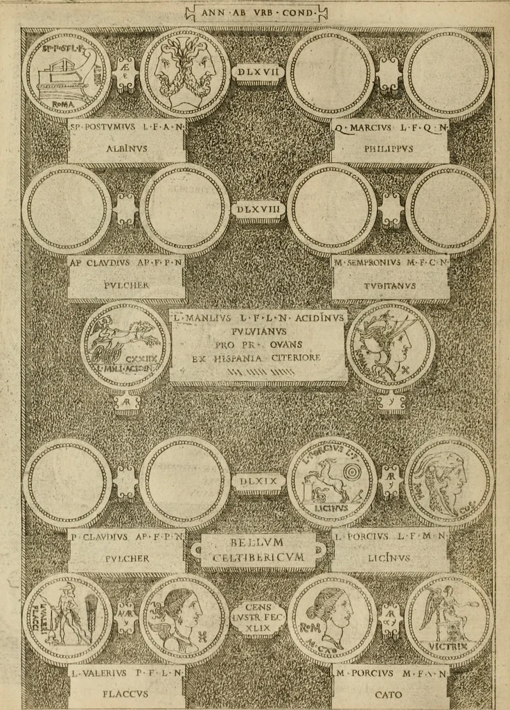 An illustration from Fastos magistratvvm et trivmphorvm Romanorvm ab vrbe condita ad Avgvsti obitvm, ex antiqvis tam nvmismatvm qvam marmorvm monvmentis restitvtos, 1566, leaf 153