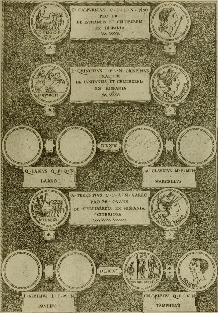 An illustration from Fastos magistratvvm et trivmphorvm Romanorvm ab vrbe condita ad Avgvsti obitvm, ex antiqvis tam nvmismatvm qvam marmorvm monvmentis restitvtos, 1566, leaf 154