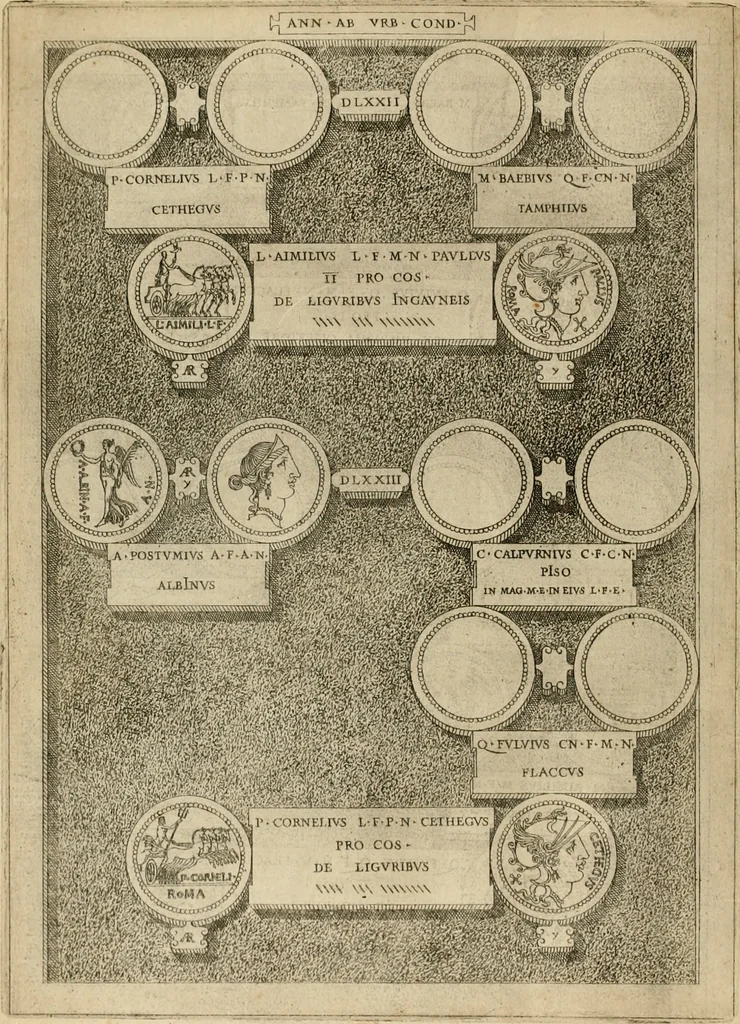 An illustration from Fastos magistratvvm et trivmphorvm Romanorvm ab vrbe condita ad Avgvsti obitvm, ex antiqvis tam nvmismatvm qvam marmorvm monvmentis restitvtos, 1566, leaf 155
