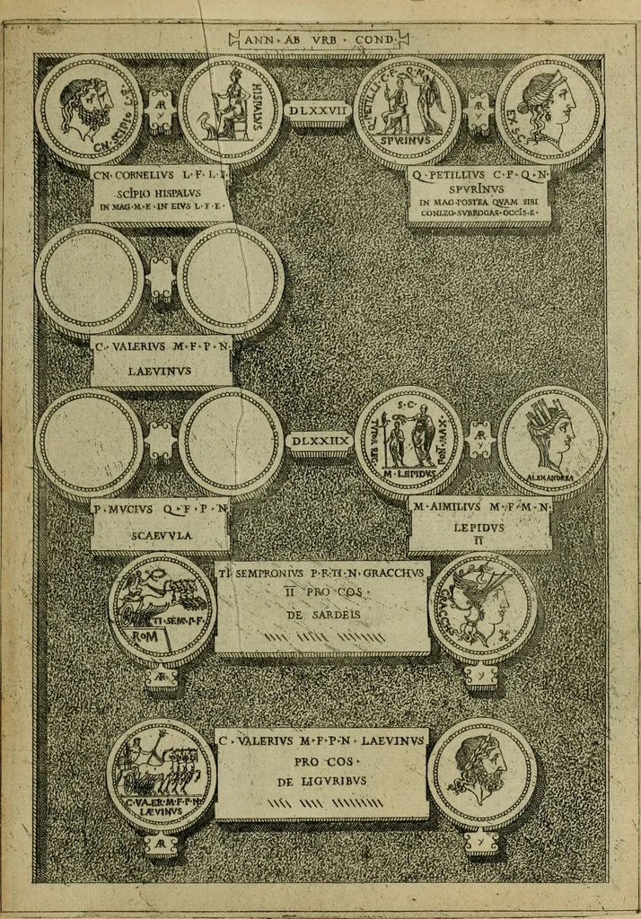 An illustration from Fastos magistratvvm et trivmphorvm Romanorvm ab vrbe condita ad Avgvsti obitvm, ex antiqvis tam nvmismatvm qvam marmorvm monvmentis restitvtos, 1566, leaf 158
