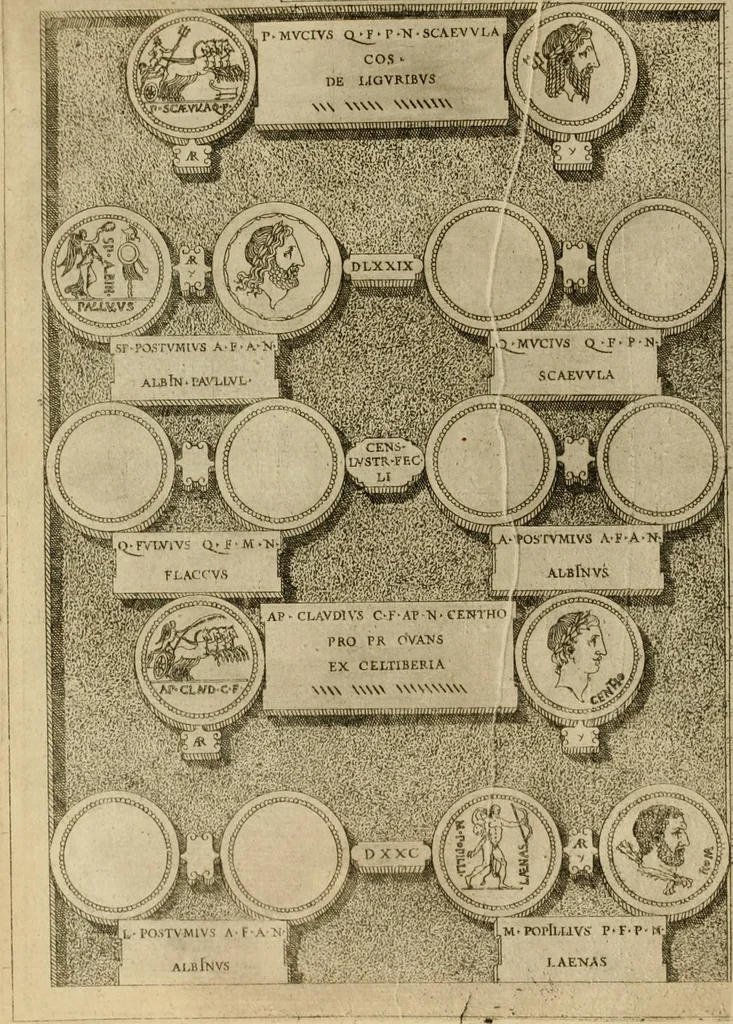 An illustration from Fastos magistratvvm et trivmphorvm Romanorvm ab vrbe condita ad Avgvsti obitvm, ex antiqvis tam nvmismatvm qvam marmorvm monvmentis restitvtos, 1566, leaf 159