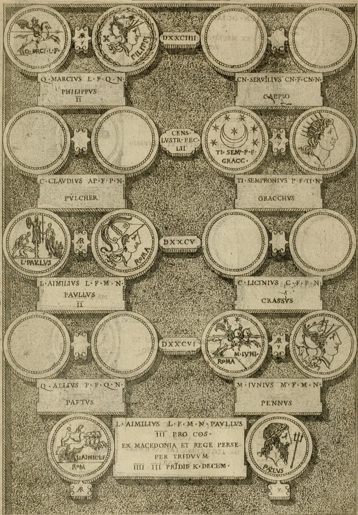 An illustration from Fastos magistratvvm et trivmphorvm Romanorvm ab vrbe condita ad Avgvsti obitvm, ex antiqvis tam nvmismatvm qvam marmorvm monvmentis restitvtos, 1566, leaf 161
