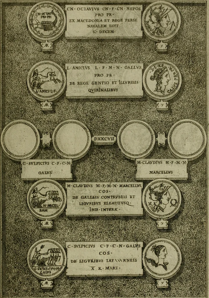 An illustration from Fastos magistratvvm et trivmphorvm Romanorvm ab vrbe condita ad Avgvsti obitvm, ex antiqvis tam nvmismatvm qvam marmorvm monvmentis restitvtos, 1566, leaf 162