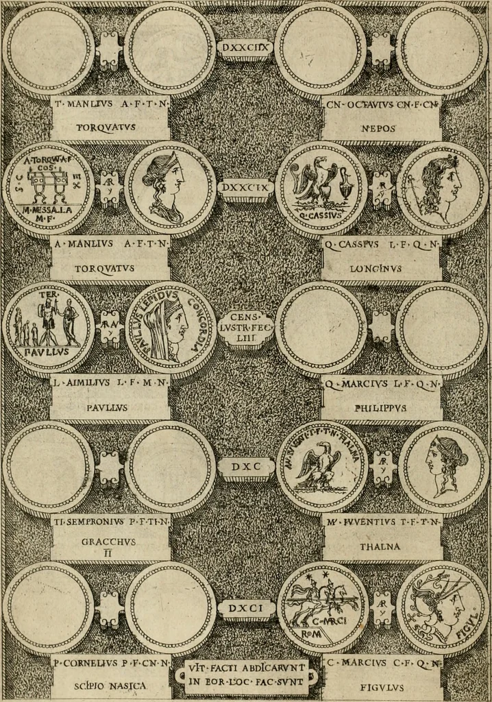 An illustration from Fastos magistratvvm et trivmphorvm Romanorvm ab vrbe condita ad Avgvsti obitvm, ex antiqvis tam nvmismatvm qvam marmorvm monvmentis restitvtos, 1566, leaf 163