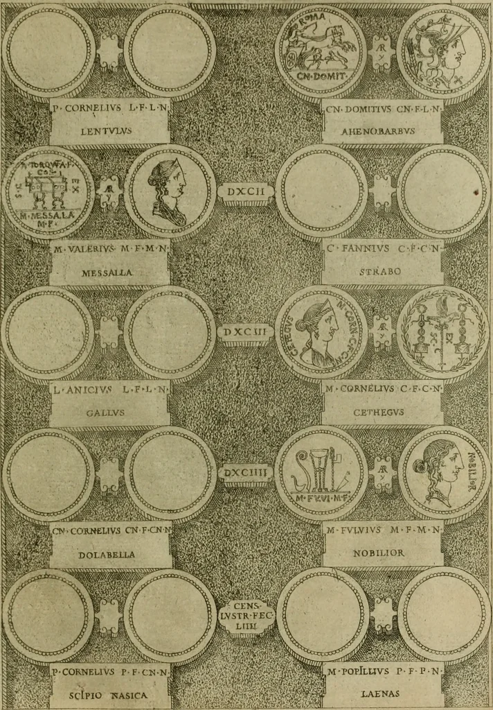 An illustration from Fastos magistratvvm et trivmphorvm Romanorvm ab vrbe condita ad Avgvsti obitvm, ex antiqvis tam nvmismatvm qvam marmorvm monvmentis restitvtos, 1566, leaf 164