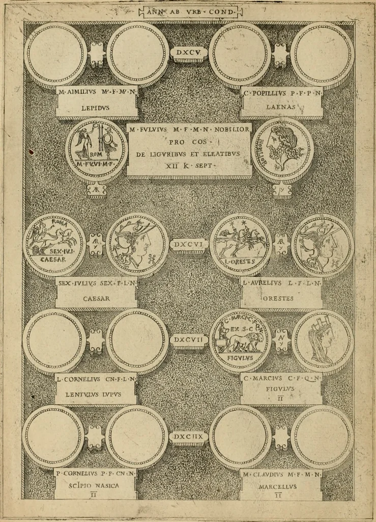 An illustration from Fastos magistratvvm et trivmphorvm Romanorvm ab vrbe condita ad Avgvsti obitvm, ex antiqvis tam nvmismatvm qvam marmorvm monvmentis restitvtos, 1566, leaf 165