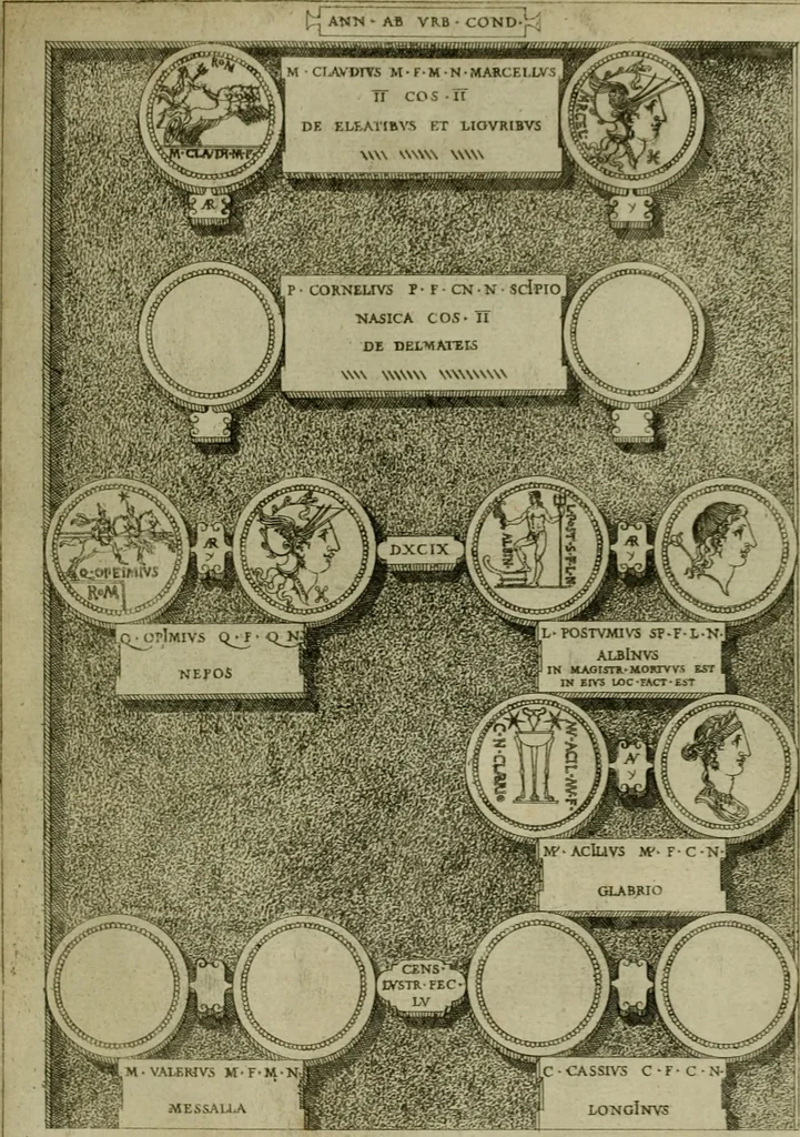 An illustration from Fastos magistratvvm et trivmphorvm Romanorvm ab vrbe condita ad Avgvsti obitvm, ex antiqvis tam nvmismatvm qvam marmorvm monvmentis restitvtos, 1566, leaf 166