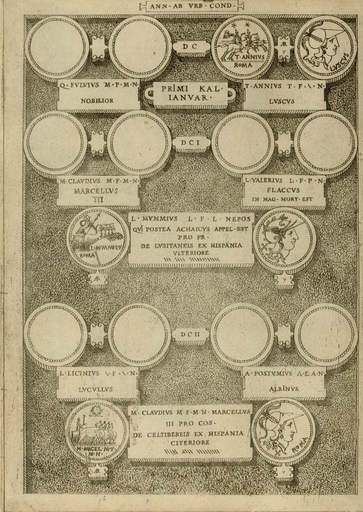 An illustration from Fastos magistratvvm et trivmphorvm Romanorvm ab vrbe condita ad Avgvsti obitvm, ex antiqvis tam nvmismatvm qvam marmorvm monvmentis restitvtos, 1566, leaf 167