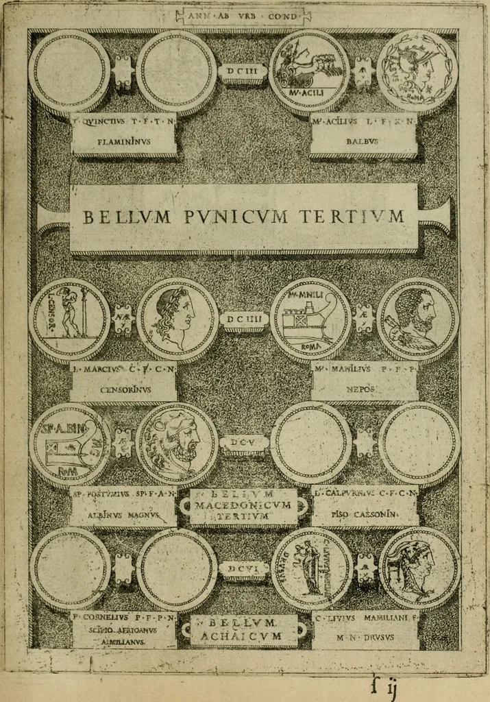 An illustration from Fastos magistratvvm et trivmphorvm Romanorvm ab vrbe condita ad Avgvsti obitvm, ex antiqvis tam nvmismatvm qvam marmorvm monvmentis restitvtos, 1566, leaf 168