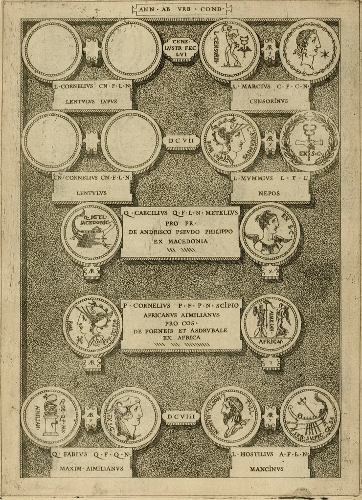 An illustration from Fastos magistratvvm et trivmphorvm Romanorvm ab vrbe condita ad Avgvsti obitvm, ex antiqvis tam nvmismatvm qvam marmorvm monvmentis restitvtos, 1566, leaf 169