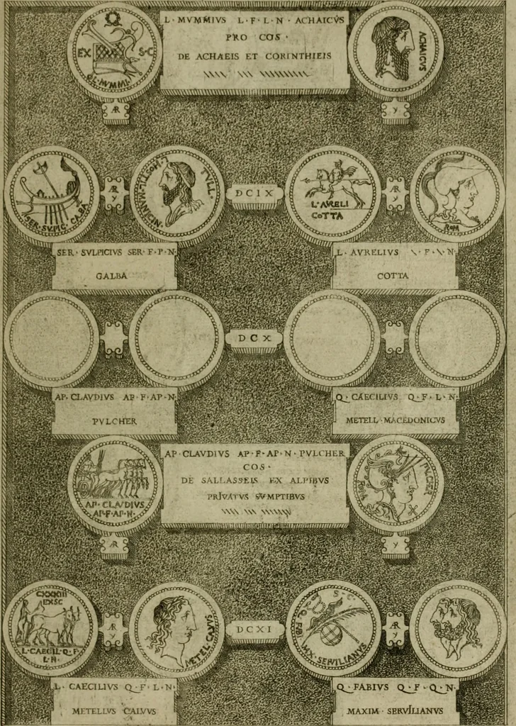 An illustration from Fastos magistratvvm et trivmphorvm Romanorvm ab vrbe condita ad Avgvsti obitvm, ex antiqvis tam nvmismatvm qvam marmorvm monvmentis restitvtos, 1566, leaf 170