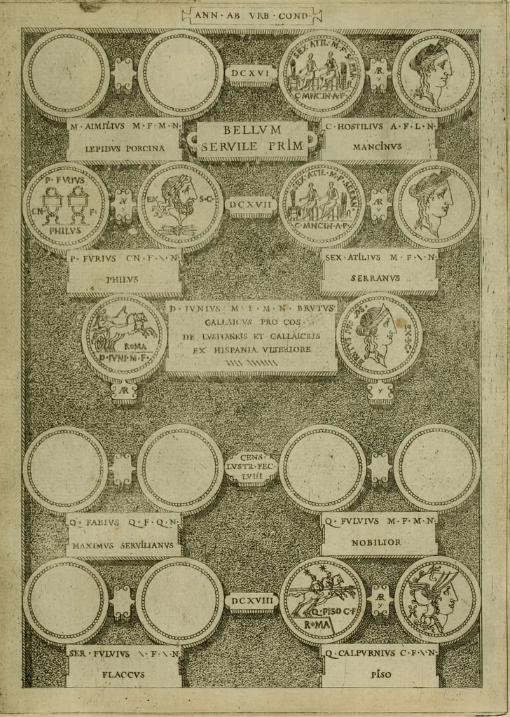 An illustration from Fastos magistratvvm et trivmphorvm Romanorvm ab vrbe condita ad Avgvsti obitvm, ex antiqvis tam nvmismatvm qvam marmorvm monvmentis restitvtos, 1566, leaf 172