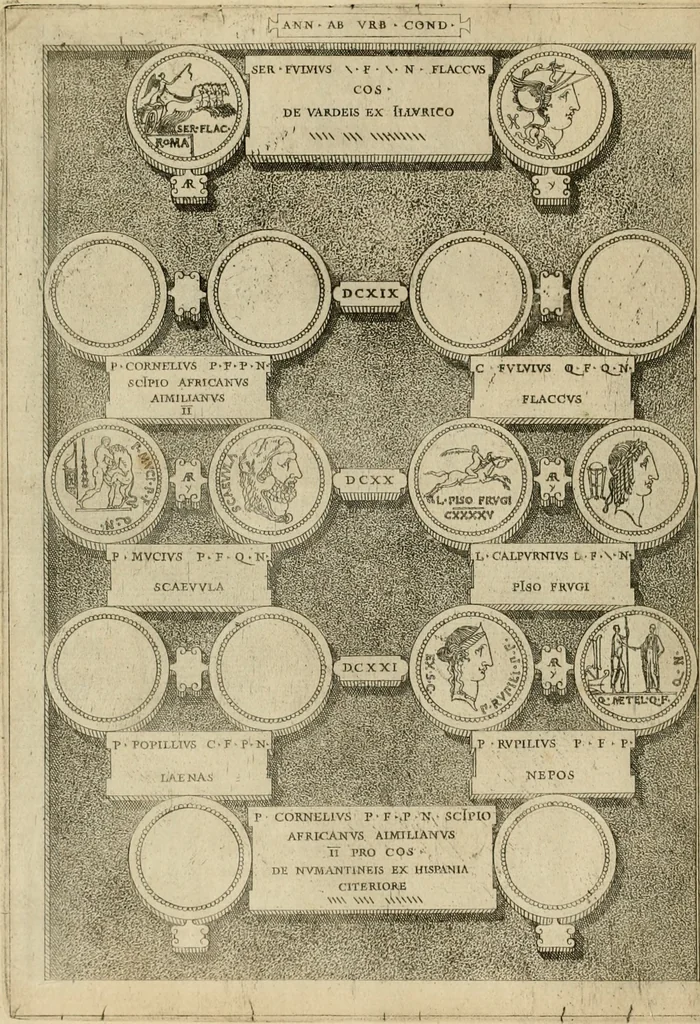 An illustration from Fastos magistratvvm et trivmphorvm Romanorvm ab vrbe condita ad Avgvsti obitvm, ex antiqvis tam nvmismatvm qvam marmorvm monvmentis restitvtos, 1566, leaf 173
