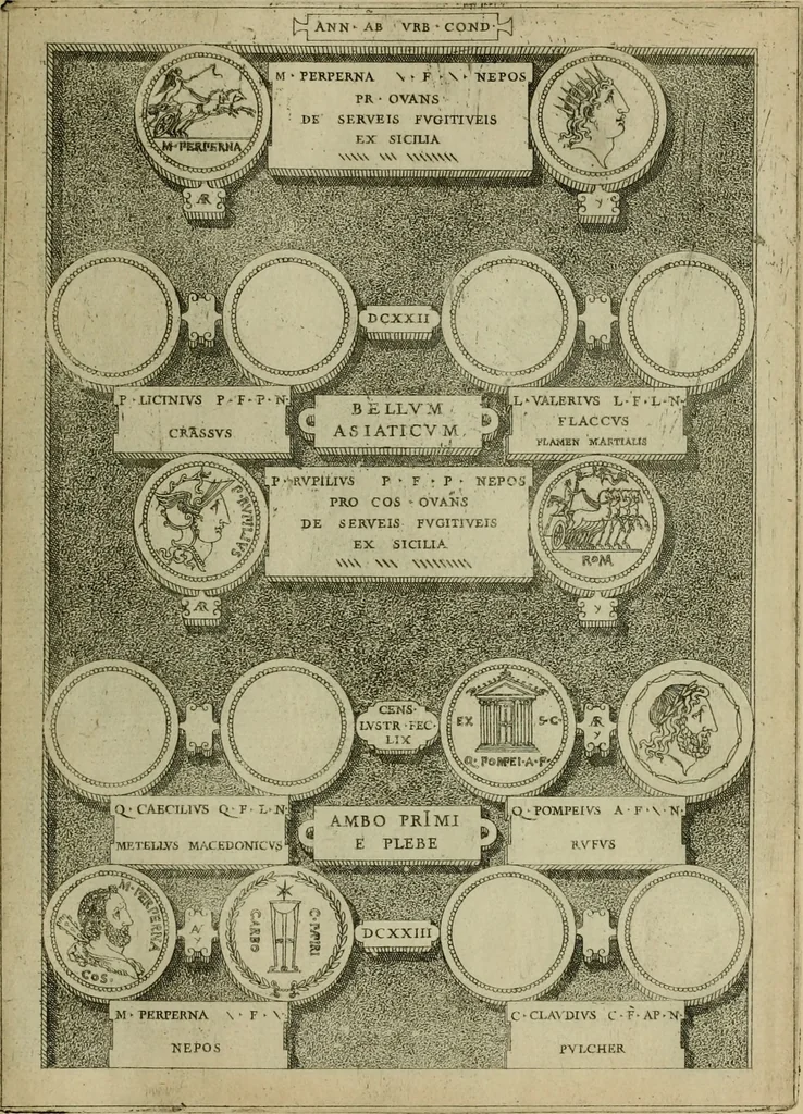 An illustration from Fastos magistratvvm et trivmphorvm Romanorvm ab vrbe condita ad Avgvsti obitvm, ex antiqvis tam nvmismatvm qvam marmorvm monvmentis restitvtos, 1566, leaf 174