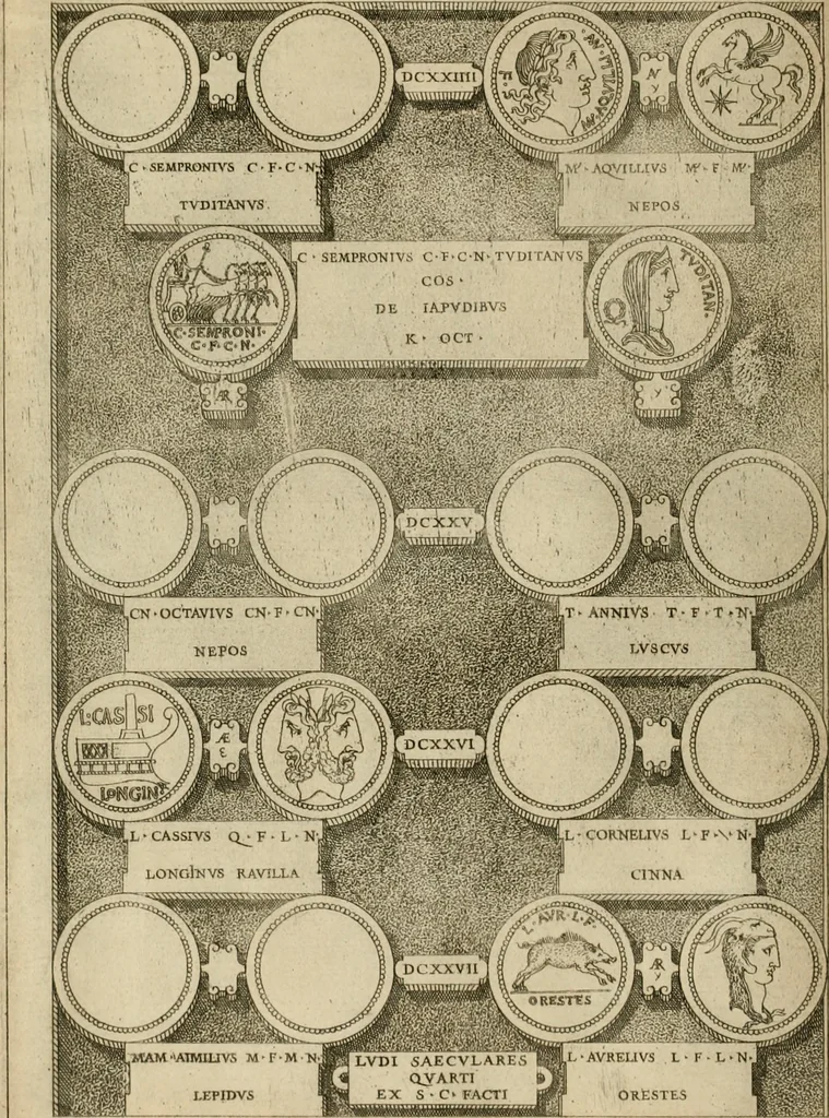 An illustration from Fastos magistratvvm et trivmphorvm Romanorvm ab vrbe condita ad Avgvsti obitvm, ex antiqvis tam nvmismatvm qvam marmorvm monvmentis restitvtos, 1566, leaf 175