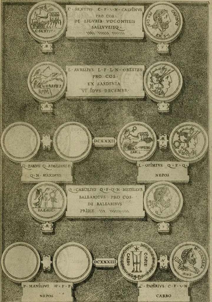 An illustration from Fastos magistratvvm et trivmphorvm Romanorvm ab vrbe condita ad Avgvsti obitvm, ex antiqvis tam nvmismatvm qvam marmorvm monvmentis restitvtos, 1566, leaf 178
