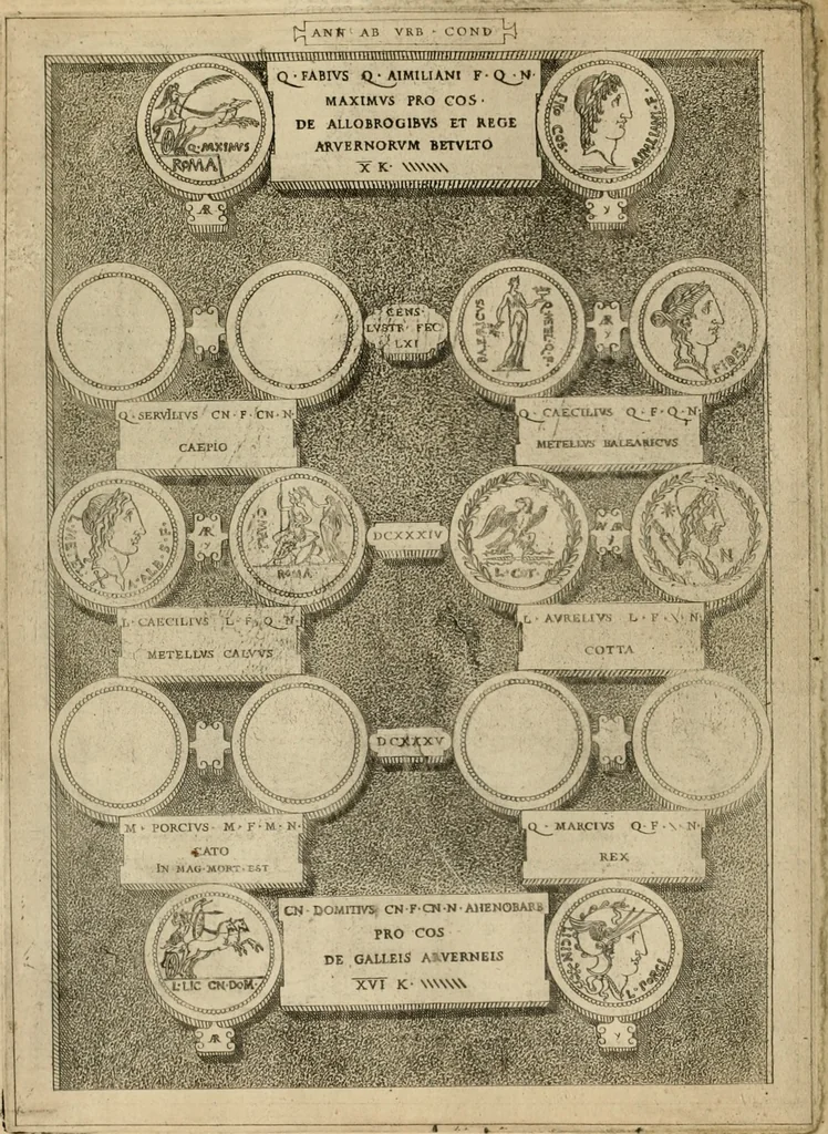An illustration from Fastos magistratvvm et trivmphorvm Romanorvm ab vrbe condita ad Avgvsti obitvm, ex antiqvis tam nvmismatvm qvam marmorvm monvmentis restitvtos, 1566, leaf 179