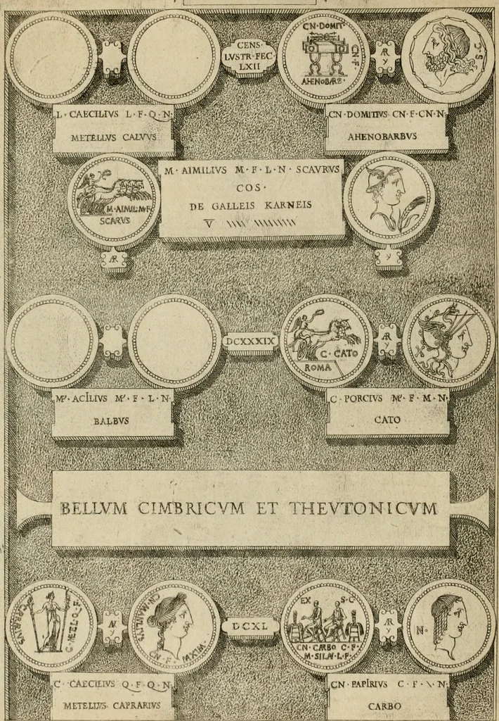 An illustration from Fastos magistratvvm et trivmphorvm Romanorvm ab vrbe condita ad Avgvsti obitvm, ex antiqvis tam nvmismatvm qvam marmorvm monvmentis restitvtos, 1566, leaf 181