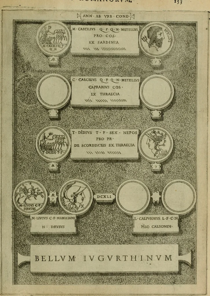 An illustration from Fastos magistratvvm et trivmphorvm Romanorvm ab vrbe condita ad Avgvsti obitvm, ex antiqvis tam nvmismatvm qvam marmorvm monvmentis restitvtos, 1566, leaf 182