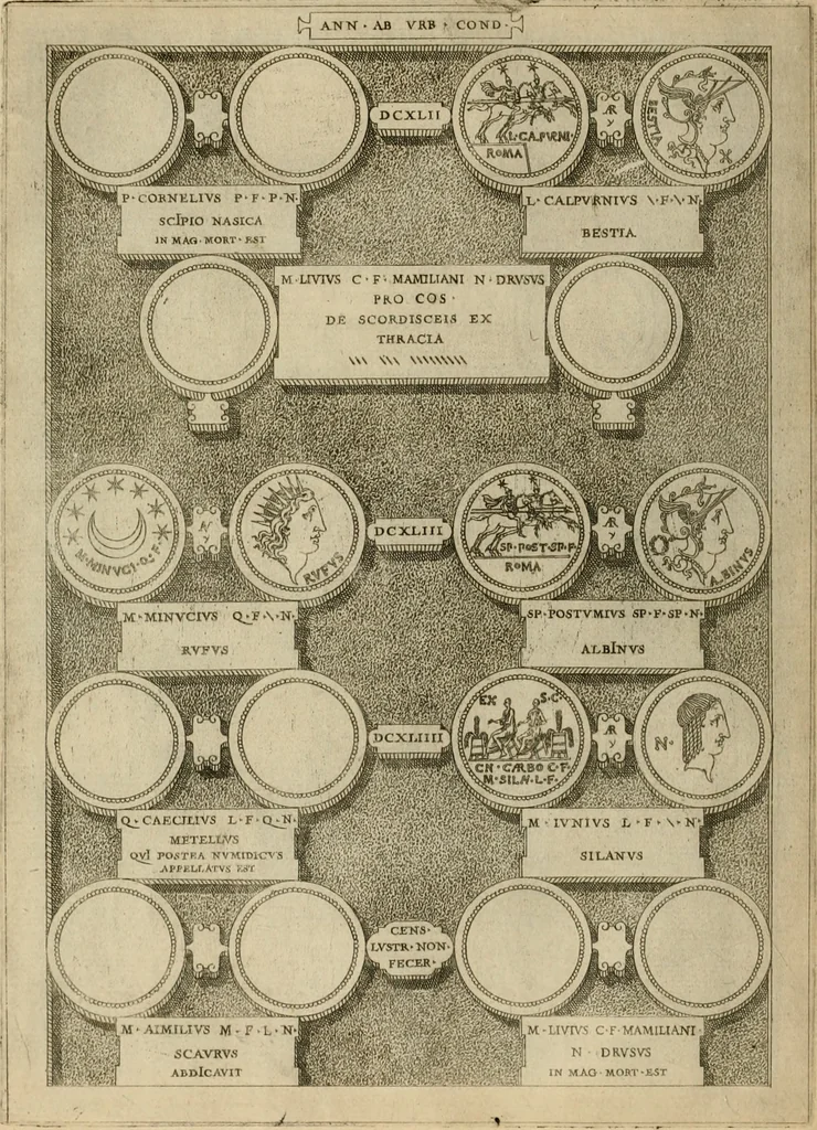 An illustration from Fastos magistratvvm et trivmphorvm Romanorvm ab vrbe condita ad Avgvsti obitvm, ex antiqvis tam nvmismatvm qvam marmorvm monvmentis restitvtos, 1566, leaf 183