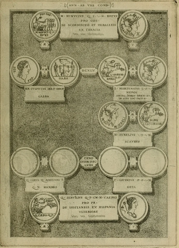 An illustration from Fastos magistratvvm et trivmphorvm Romanorvm ab vrbe condita ad Avgvsti obitvm, ex antiqvis tam nvmismatvm qvam marmorvm monvmentis restitvtos, 1566, leaf 184