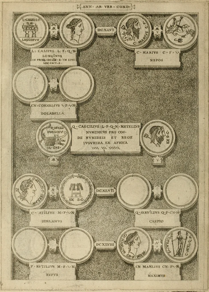 An illustration from Fastos magistratvvm et trivmphorvm Romanorvm ab vrbe condita ad Avgvsti obitvm, ex antiqvis tam nvmismatvm qvam marmorvm monvmentis restitvtos, 1566, leaf 185