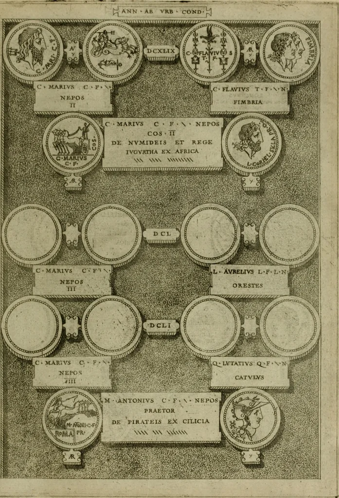 An illustration from Fastos magistratvvm et trivmphorvm Romanorvm ab vrbe condita ad Avgvsti obitvm, ex antiqvis tam nvmismatvm qvam marmorvm monvmentis restitvtos, 1566, leaf 186