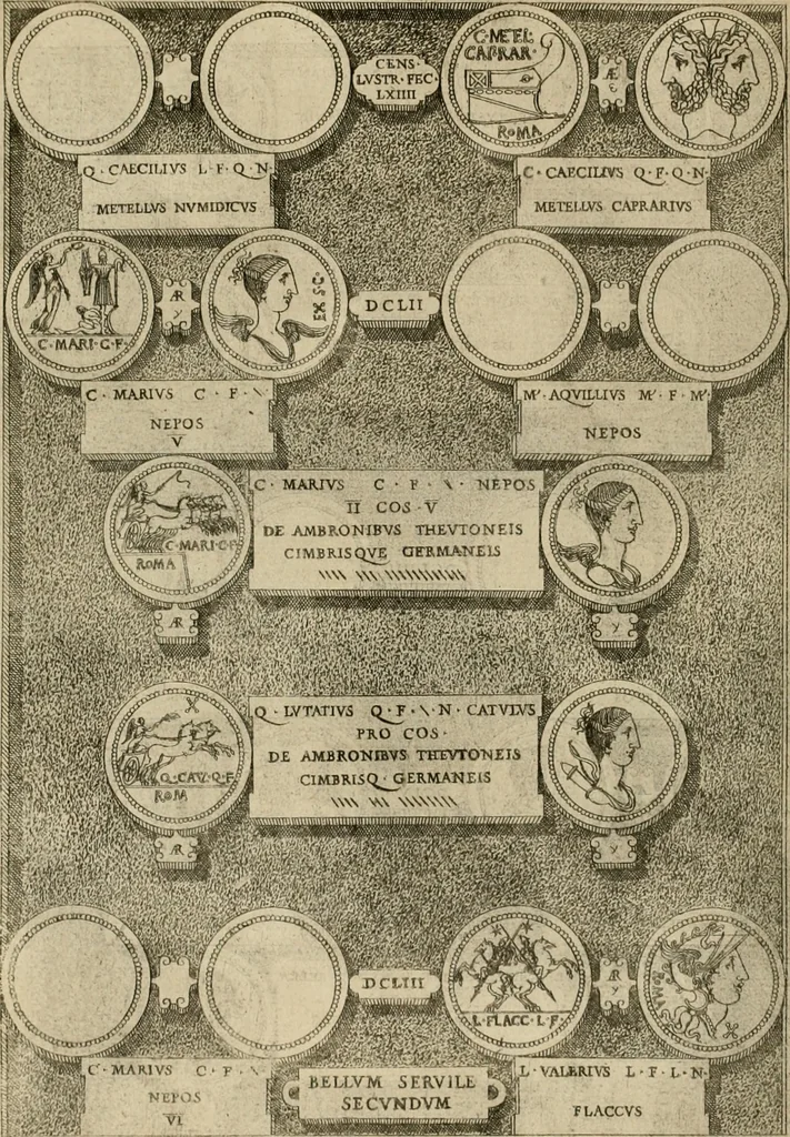 An illustration from Fastos magistratvvm et trivmphorvm Romanorvm ab vrbe condita ad Avgvsti obitvm, ex antiqvis tam nvmismatvm qvam marmorvm monvmentis restitvtos, 1566, leaf 187
