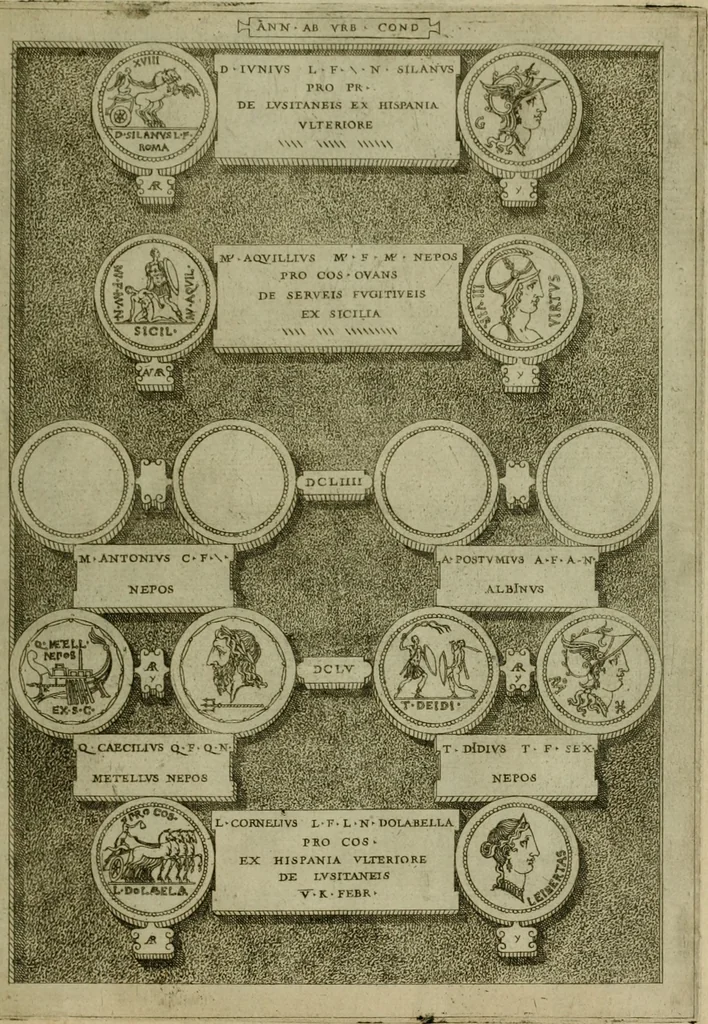 An illustration from Fastos magistratvvm et trivmphorvm Romanorvm ab vrbe condita ad Avgvsti obitvm, ex antiqvis tam nvmismatvm qvam marmorvm monvmentis restitvtos, 1566, leaf 188